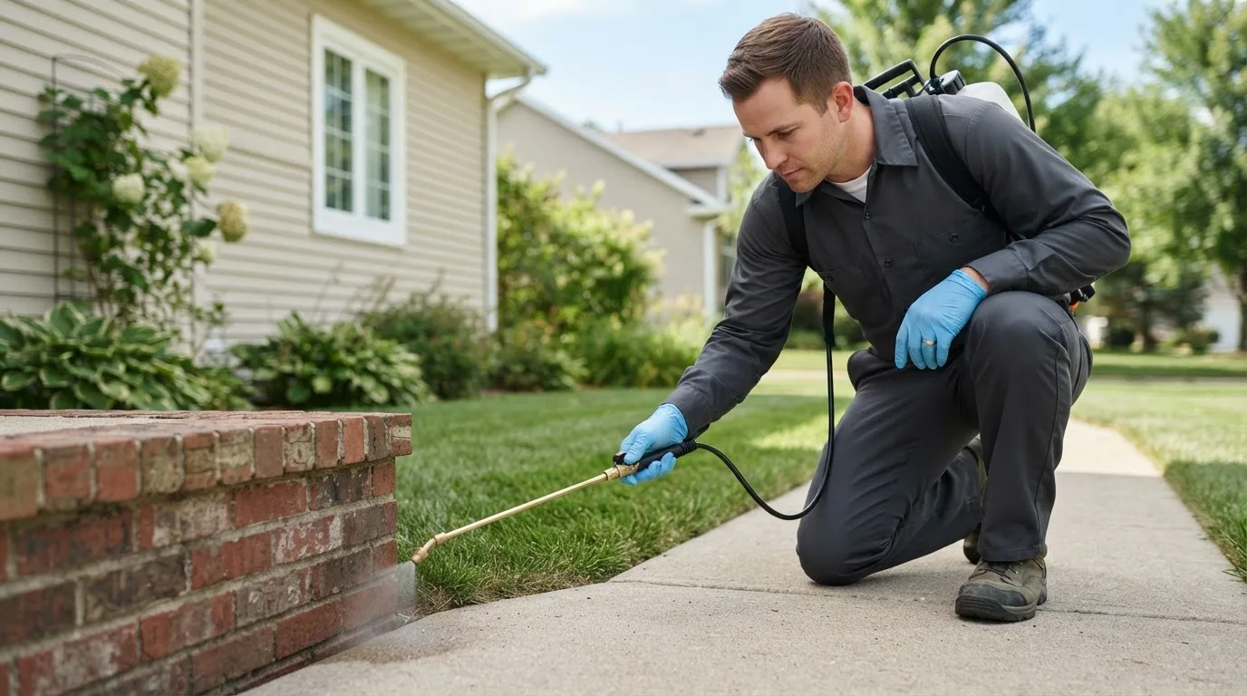 Pest control technician treating a home near Paris, ID